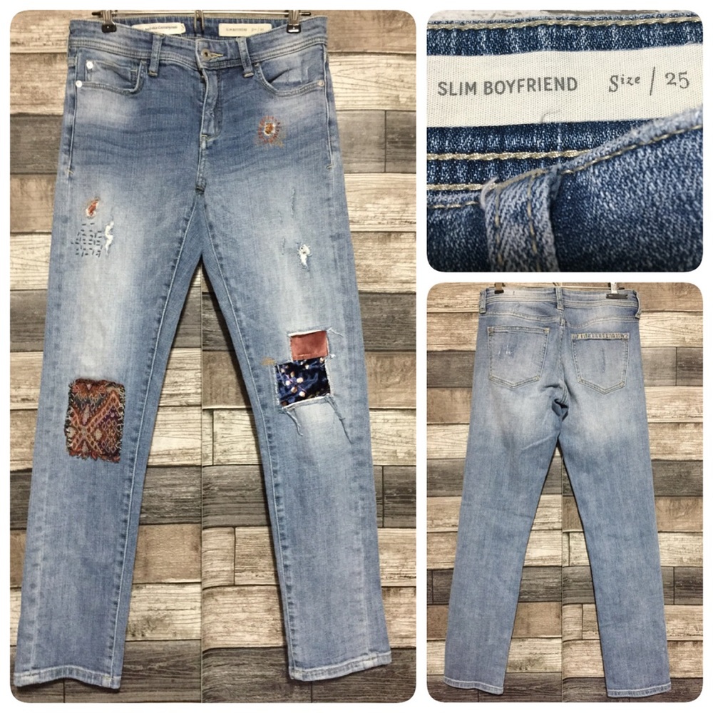 Pilcro Slim Boyfriend Patch Jeans Women 25 (Inseam 28) Light Wash Blue Embroider